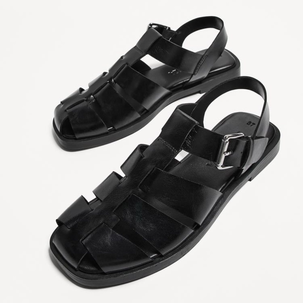 Bershka Black Cage Fisherman Sandals Vegan Leather Size US 9/EU 40